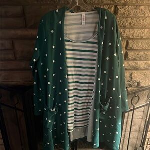 Green Polka Dot Cardigan and Striped Top Set